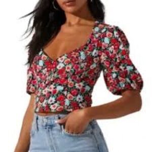 ASTR The Label Multi Red Black Floral Puff Sleeve Crop Top XS side zipper